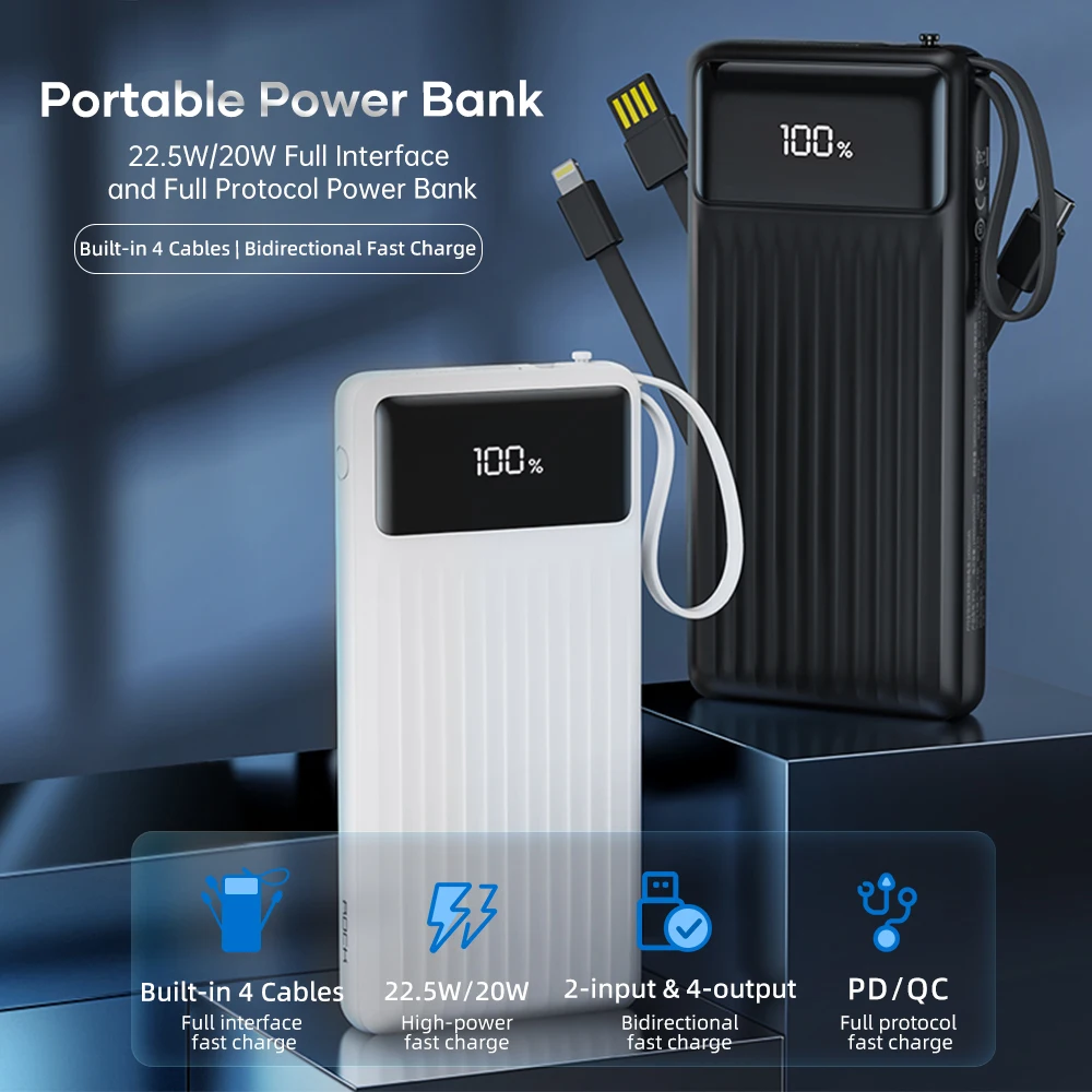 20000mah embutido cabo powerbank portátil tipo de