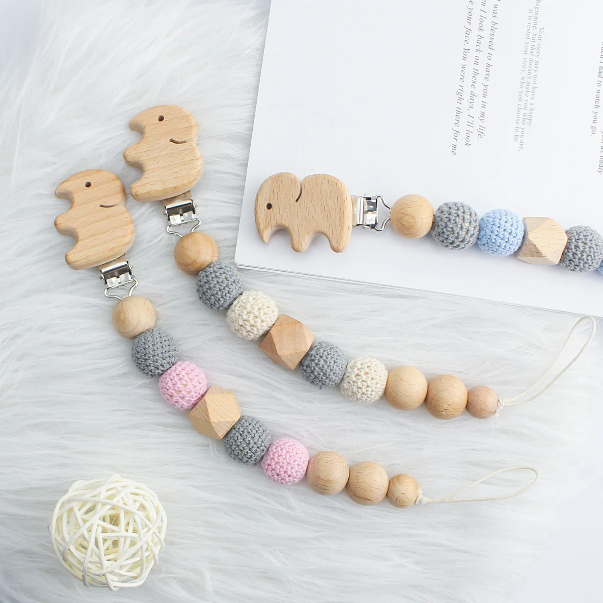 

Cute Cartoon Elephant Wool Wood Pacifier Clips Safe Teething Chain Baby Teether Dummy Clips Holder Newborn Gifts 2023 New Items