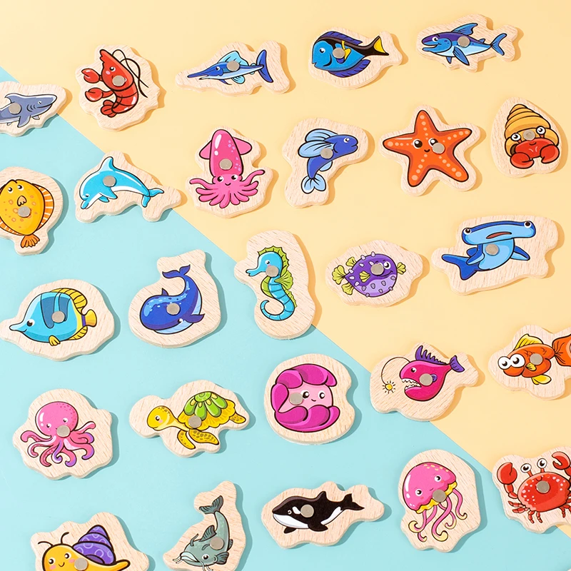 Fishing montessori toys Montessori Wooden For Children Magnetic Marine Life Cognition Fish Games Parent-Child Interactive Educational Toy