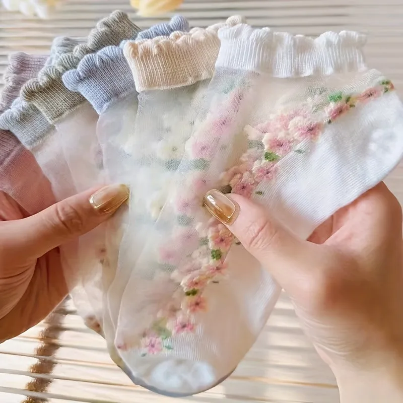 5 Paar transparente Söckchen für Damen, mit Blumenmuster bestickt, kurze Netzsocken, atmungsaktiv, mit Rüschenbündchen, für den Sommer, lässig, für Bürokleidung – Detail 2
