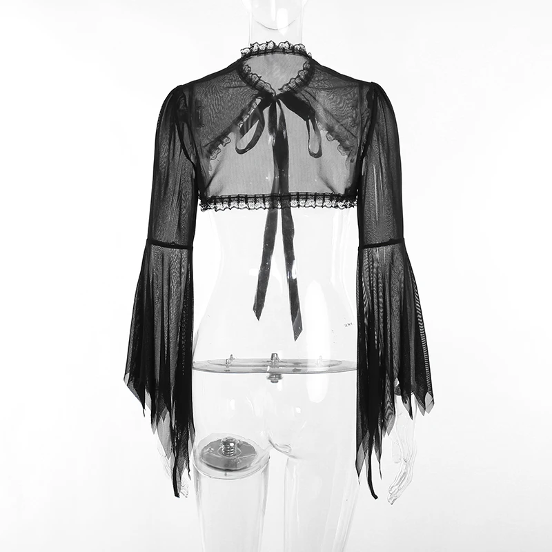 Se8f3e9af15e34dbdbac5f9f0f755b9f0w Women's Gothic Style Dark Style Short Coat Lace Strap Irregular Bell Sleeve Long-Sleeved Blouse Mallzona