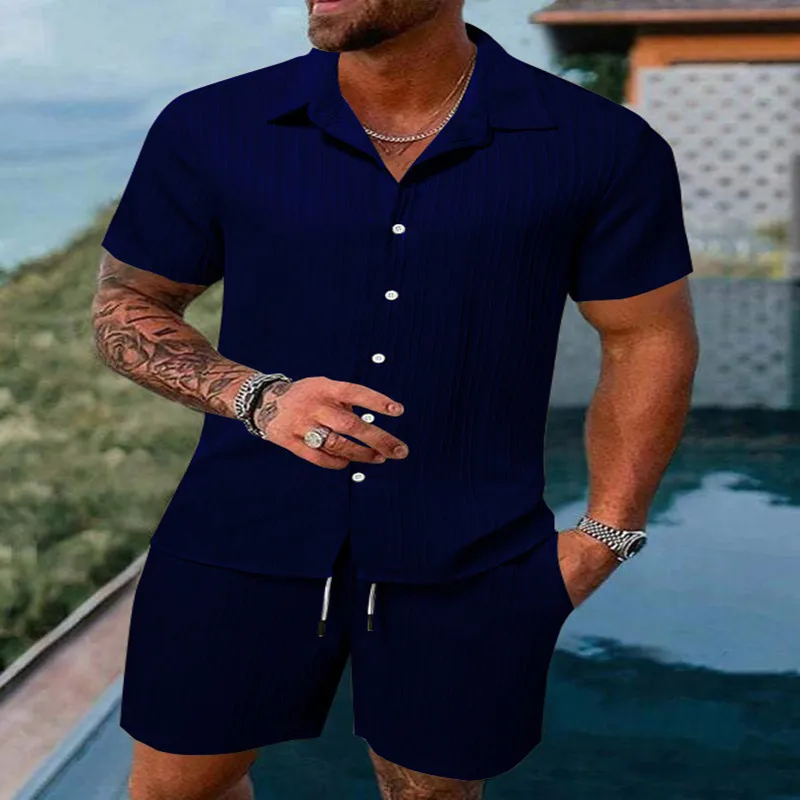 

2024 Spring And Summer New Sports Men's Casual Solid Color Loose Short-sleeved Drawstring Shorts Cardigan Striped Sport S-XXXL
