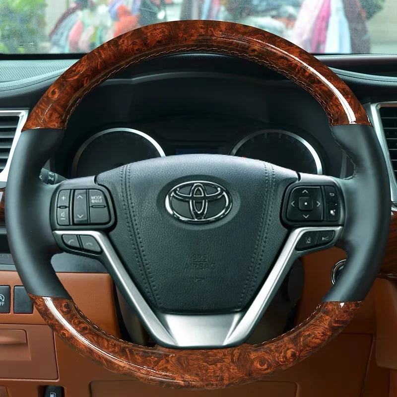 

Hand-stitched Peach Wood Grain Leather Car Steering Wheel Cover For Toyota Highlander 2015-2019 Sienna Interior Accessories