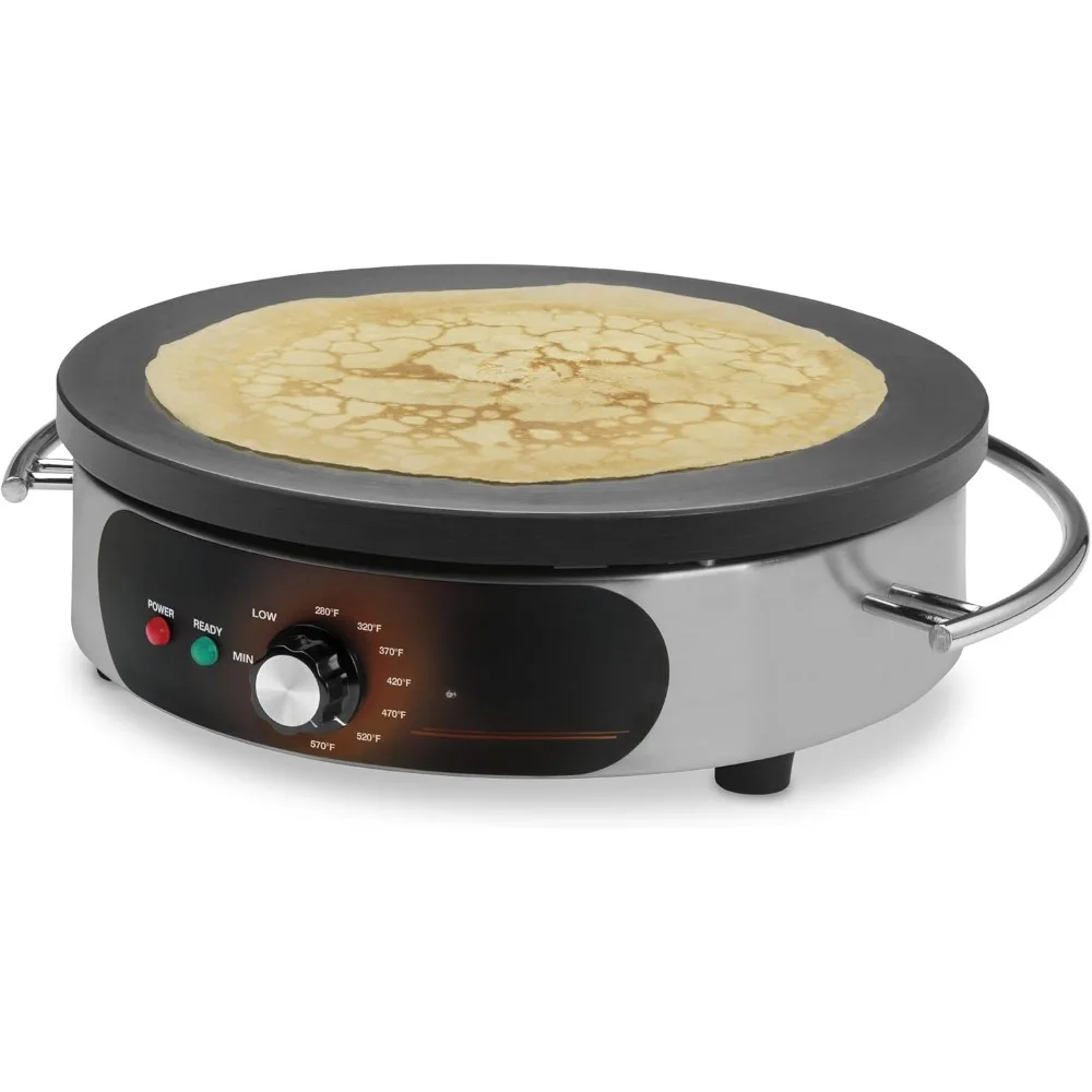 Crepe maker, cast iron cooking surface, stainless steel base, includes batter spreader, breakfast maker, bread maker 4
