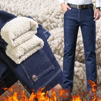 Winter Men's Fleece Thick Sherpa Jeans Business Casual Velvet Straight Denim Pants Male Wool Plush Classic Stretch Trousers 1