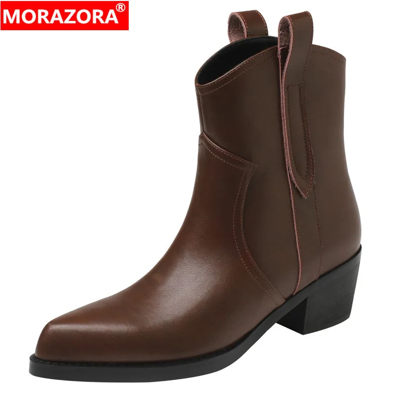 

MORAZORA 2024 New Genuine Leather Women Western Boots Pointed Toe Slip On Winter Shoes Ladies Square High Heels Mid Calf Boots