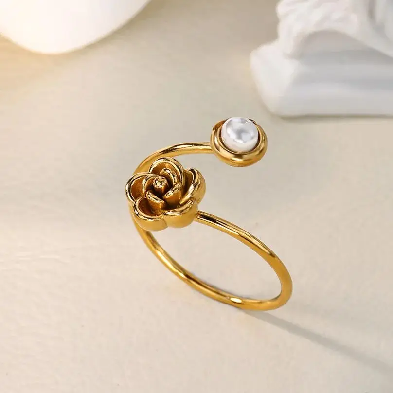 Elegant Pearl Rose Rings Women Gold Stainless Steel Adjustable Aesthetic