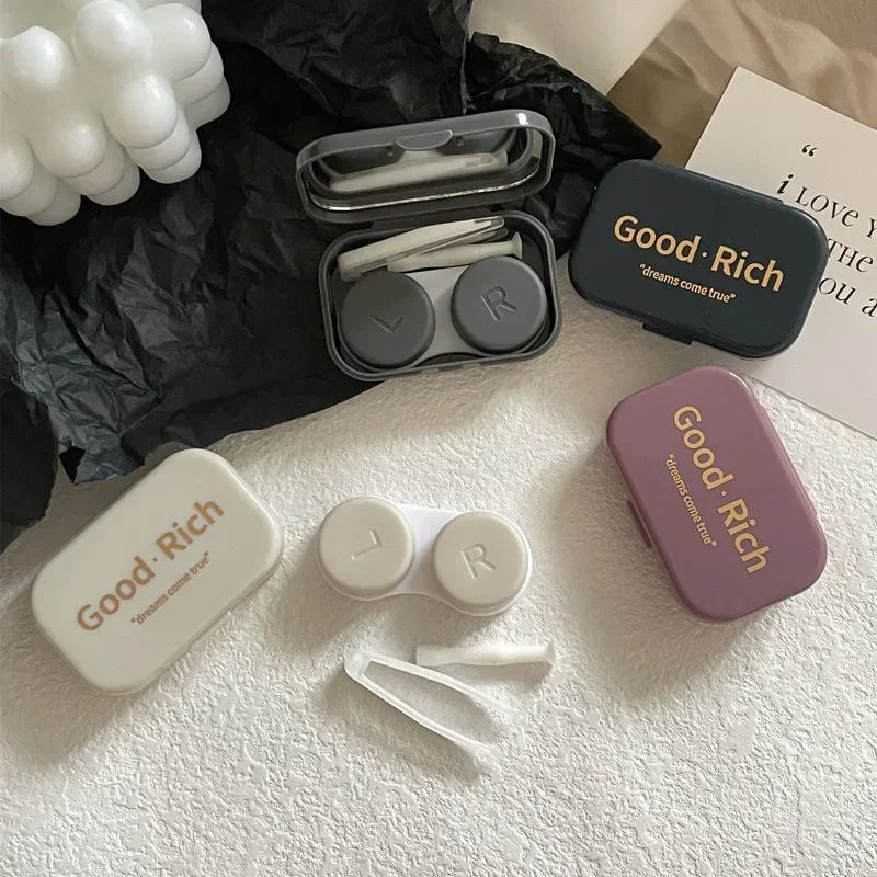1pc Portable Contact Lens Box with Mirror Tweezers Ins Letter Print Contact Lens Case Contact Lens Companion Box Beauty Eye Box