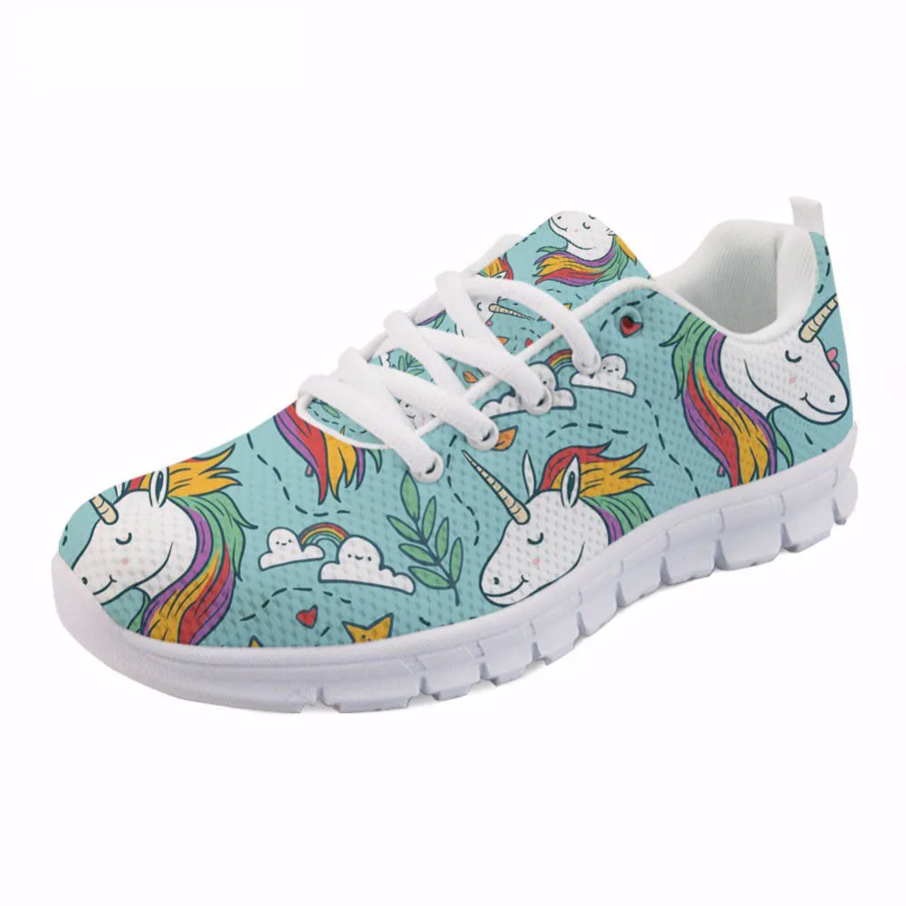 

New Design Girls Spring Mesh Flat Shoes Women Cartoon Unicorn Printing Breathable Sneakers Flats Shoes for Ladies
