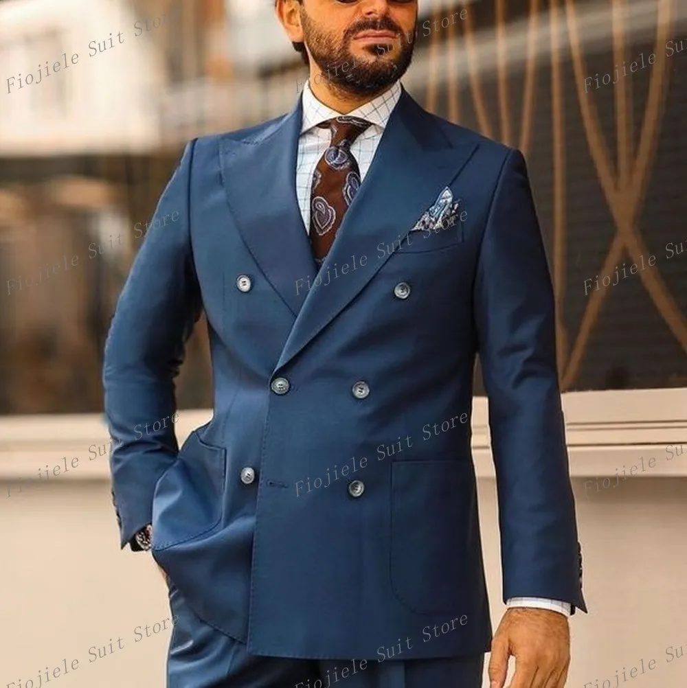 

New Fashion Blue Men Suit Groom Groomsman Tuxedos Wedding Party Prom Formal Occasion Business 2 Piece Set Jacket Pants