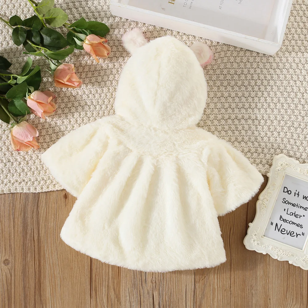 Winter Girls Coat Warm Fashion White Pink Rabbit Ears Hooded Cloak Cute Velvet Thick Coat for Baby