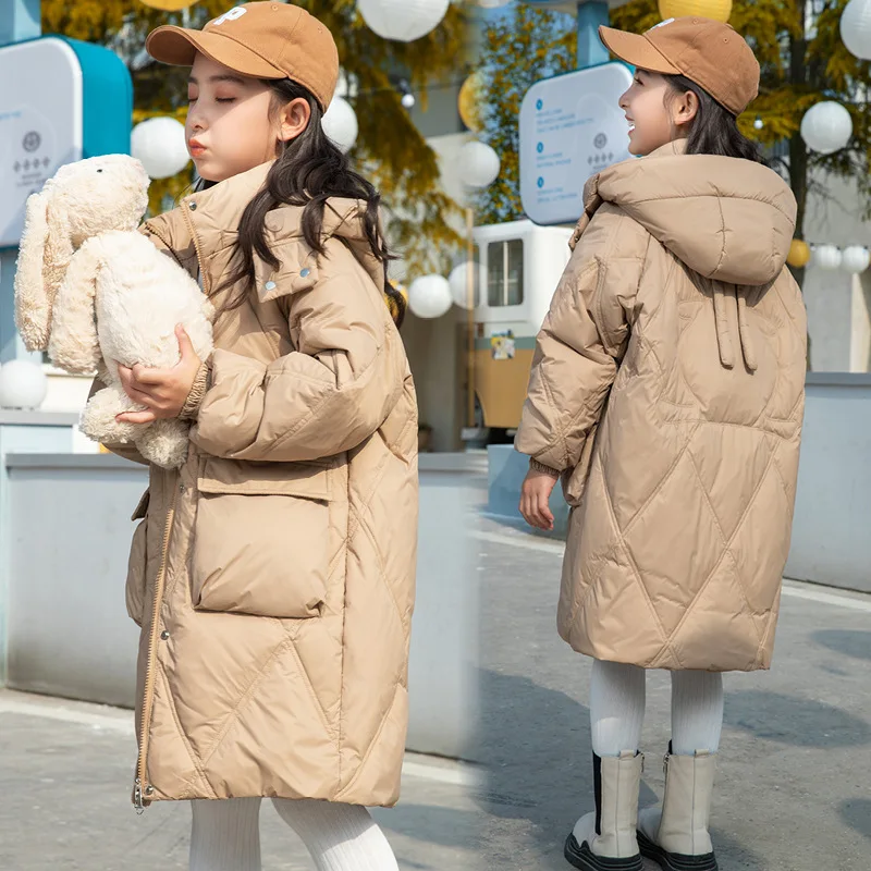 

2023 Winter Girls Casual Long Down Hooded Jacket Baby Kids Children Thick Warm Pocket Coat Outerwear