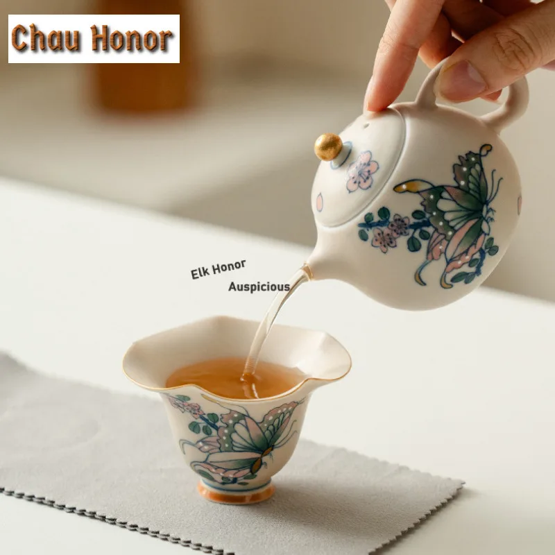 45ml Hand-painted Butterfly High-footed Teacup Elegant Tea Bowl Set Cups Tea-tasting Smelling Cup Chazhan Master Cups Drinkware