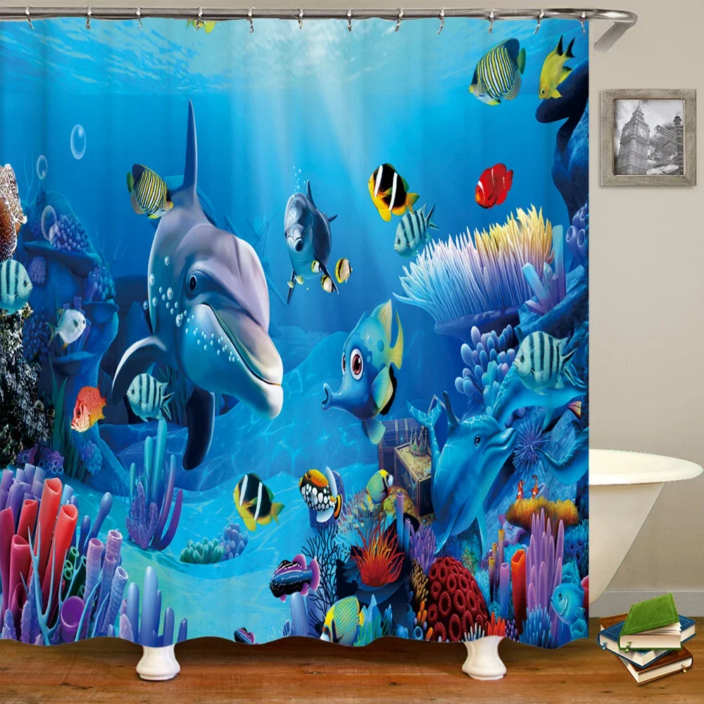 Underwater World Fish Turtle 3d Shower Curtains Ocean Dolphin Sea Scenery Fabric Waterproof Bathroom Decor Screen shower curtains