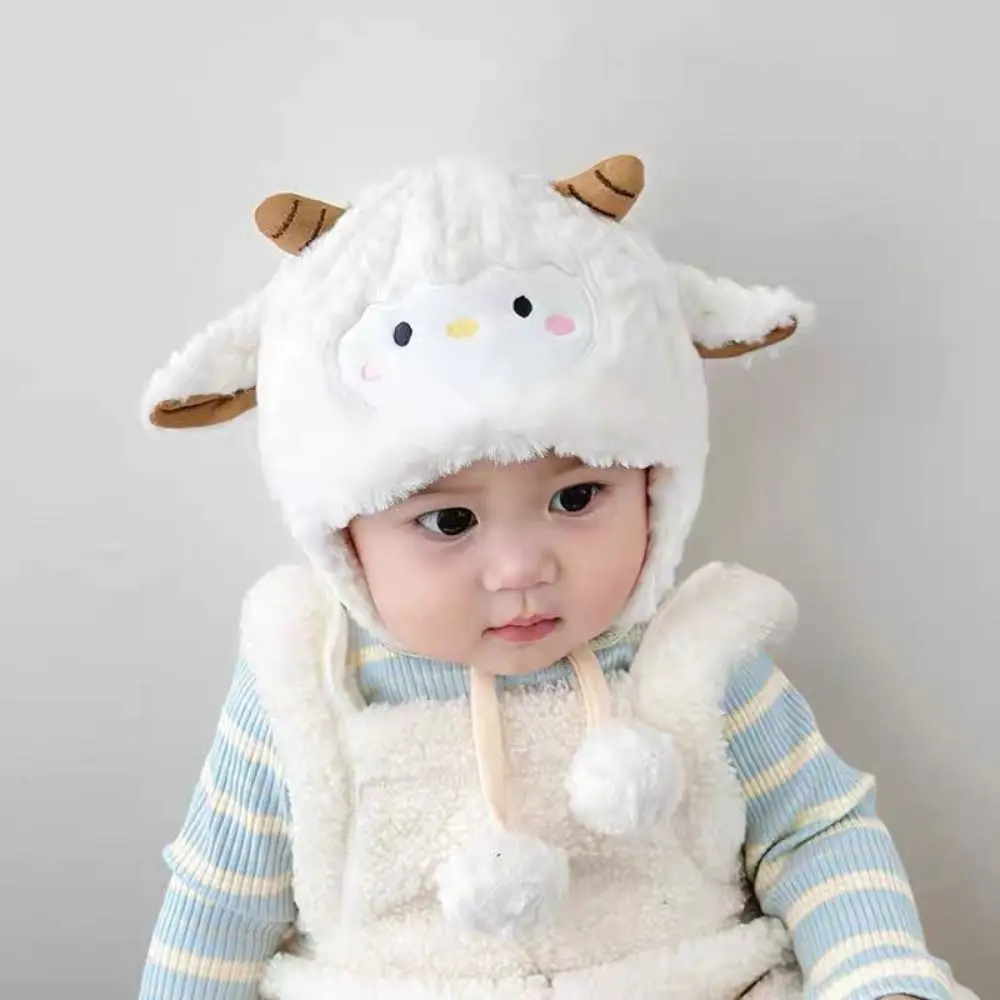 Full Ear Coverage Kawaii Toddler's Sheep Plush Hat Thickened Soft Cute Sheep Hat Windproof Coldproof Cartoon Beanie Caps Infant