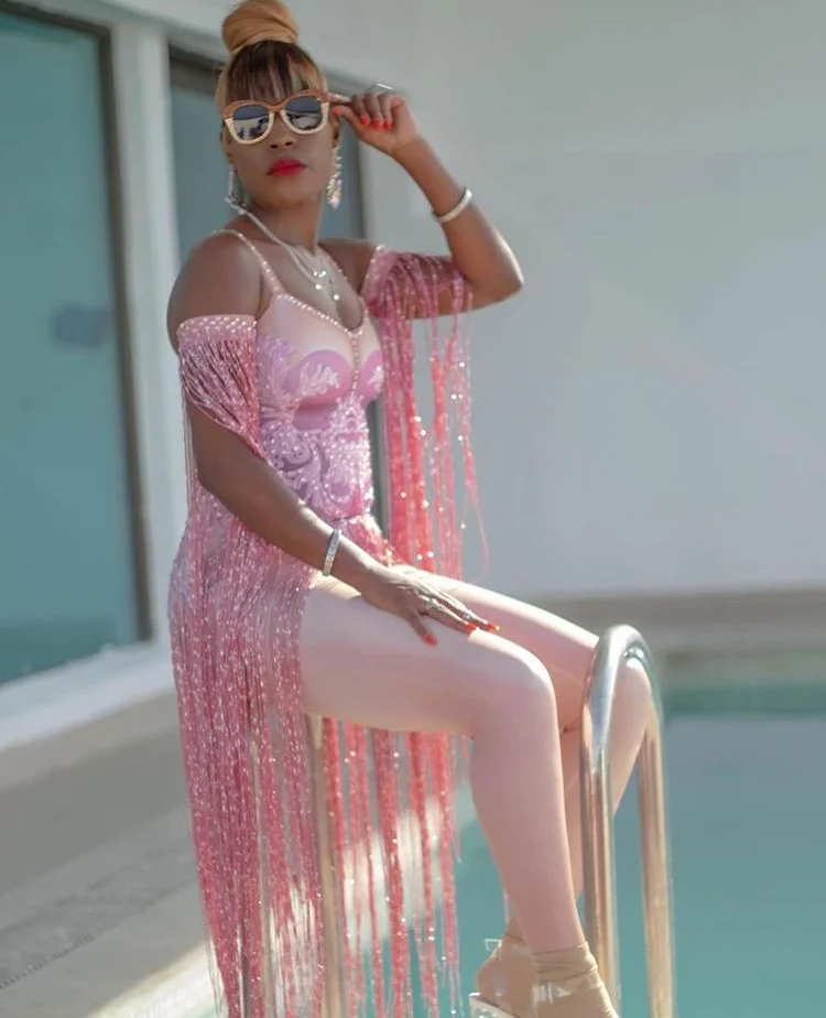 Sexy Pink Tassel Stage Jumpsuit Women Nightclub Crystal Stretch Bodysuit Pole Dance Leotard Showgirl Performance Wear Wutong