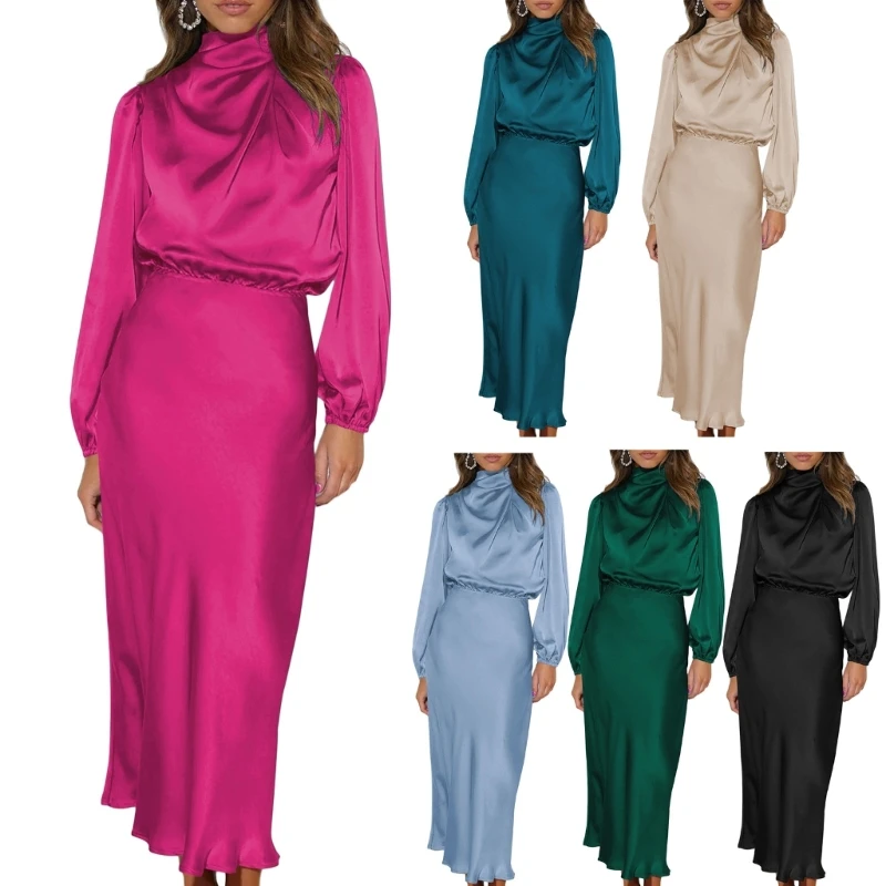 

Women Solid Color Satin-Dress Female Mock Neck Dress Loose-Fit Maxi Dress Long Sleeves Dress Chic-Cocktail Party Dresses