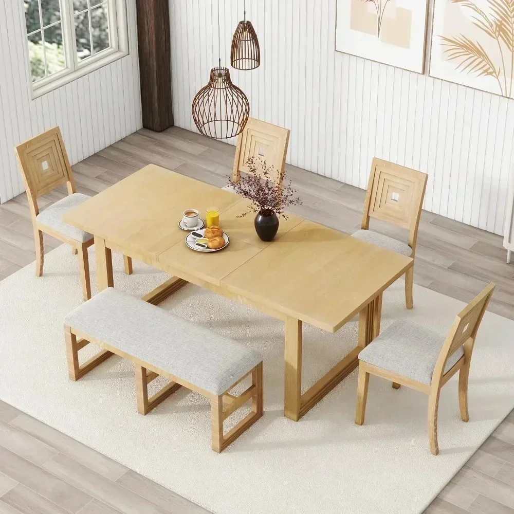 Wood Dining Table Set for 6 with 4 Chair & Bench Kitchen Table and Chairs Household dining table set