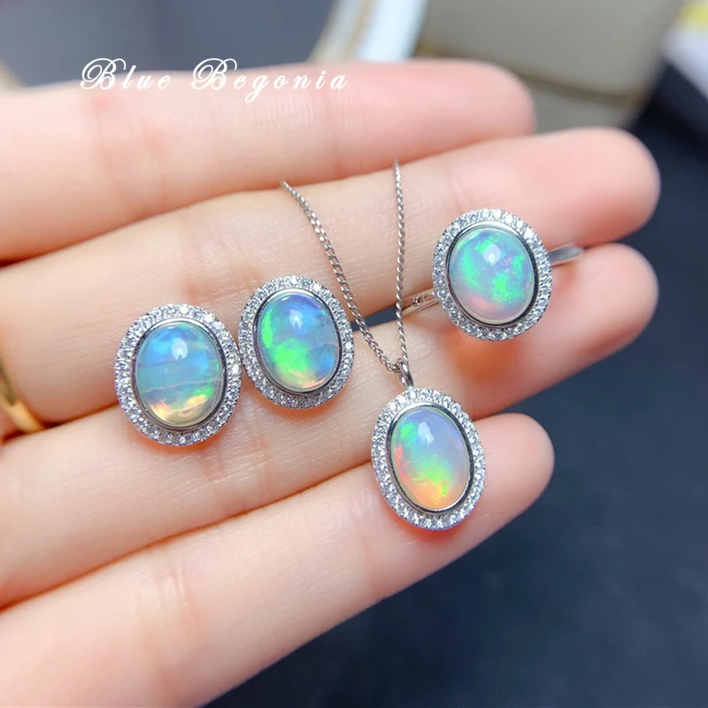 

7*9MM Natural Opal Jewelry Gemstone Ring Stud Earring Pendant for Women Birthday Girlfriend Gift 925 Sterling Silver Necklace