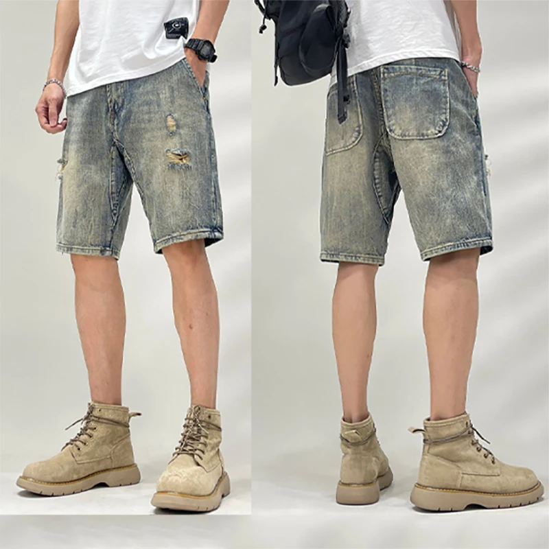 Fashion Men's Casual Shorts Distressed Denim Shorts Solid Colour Straight Versatile Denim Shopping Traveling Streetwear
