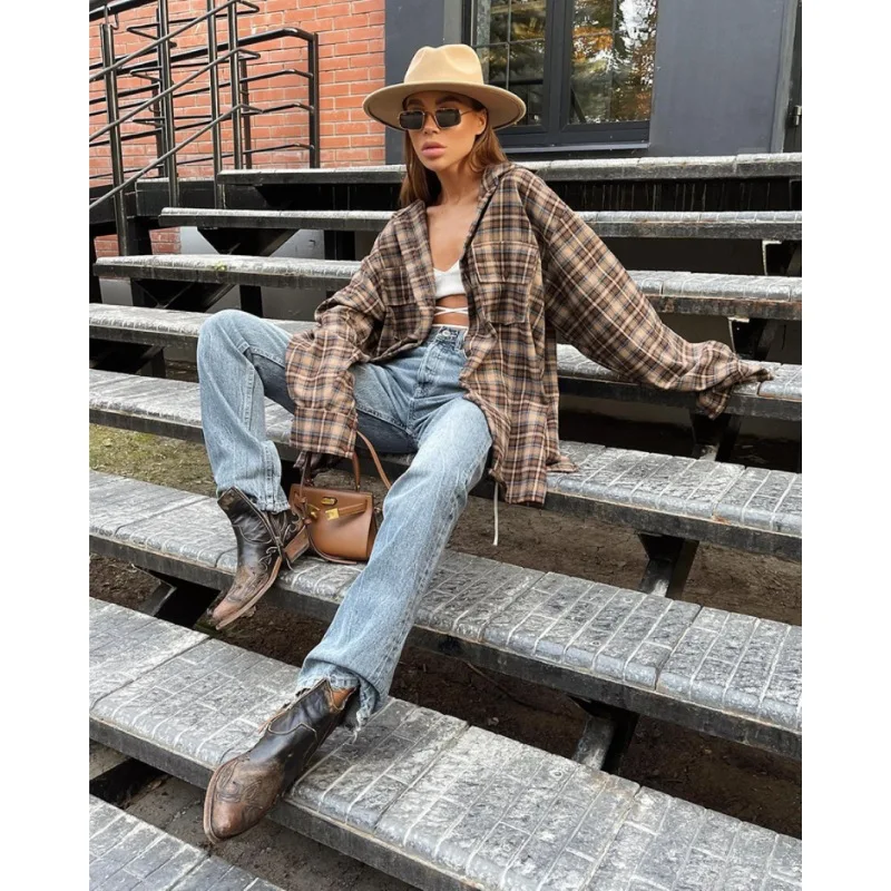 Vintage Plaid Shirts Women Loose Gingham Female Blouse Spring 2024 Button Top Shacket Oversized Long Shirts Ladies