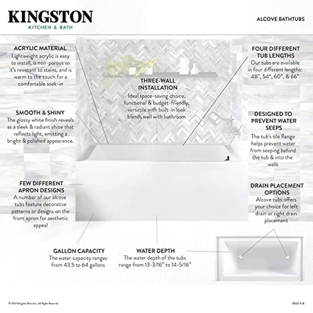 60-Inch Alcove Tub with Left Hand Drain Hole Anti-Skid Acrylic Construction Spa Bath Relaxation Ergonomic Design Wall Mount 6