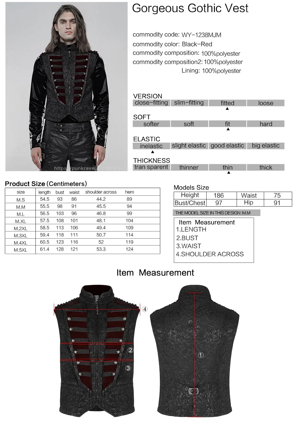 Description Picture 3 of itemPUNK RAVE Men's Gothic Gorgeous Vintage Vest Victorian Jacquard Exquisite Breasted Decoration Weft Velvet Sleeveless Waistcoat