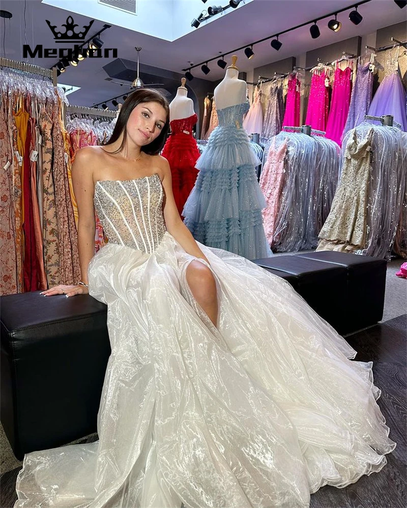 

White Strapless Evening Dresses Sparkly Beaded Crystal Birthday Party Gown High Slit Long Prom Dress Mermaid Robe De Bal