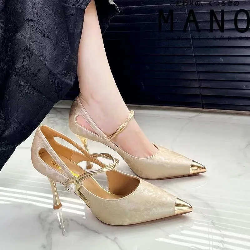 Summer High Heels Women Sandals Fashion Metal Pointed Stiletto Heel Shallow Single Shoes Elegant Ladies Party Dress Shoes