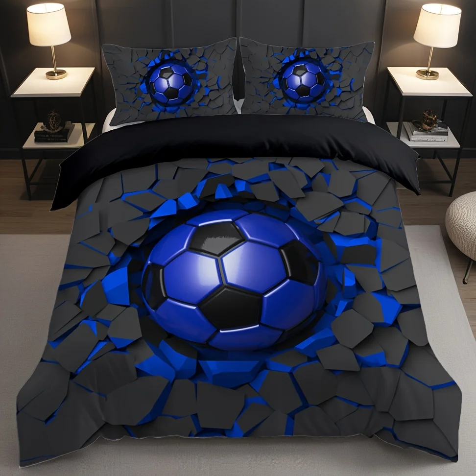 2/3Pcs Soccer Ball Duvet Cover Set, 3D Shattered Strike Cement Wall Print, University Football Sports League Bedding with Pillow