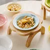 Cat Food Bowl with Wood Holder Stand Flower Shaped Ceramic Food Dish Water Bowl Cat Feeding Drinking Plates Multi Color 2
