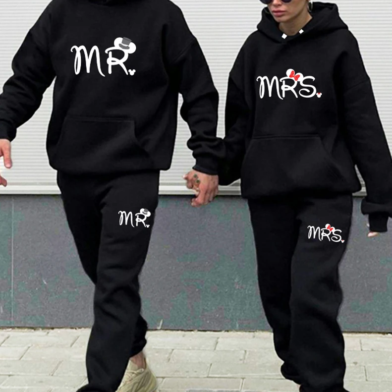 Lover Tracksuit Mr or Mrs Print Spring Autumn Fleece Couple Hoodie and Pants 2 Pieces Set Fashion Casual Women Men Sportwear