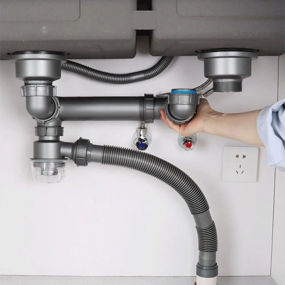 Kitchen Deodorization Sink Drain Pipe Set 3-Way Washbasin Drainage Water Hose Single Double Tank Rotate Anti-Blocking Sewer Tube