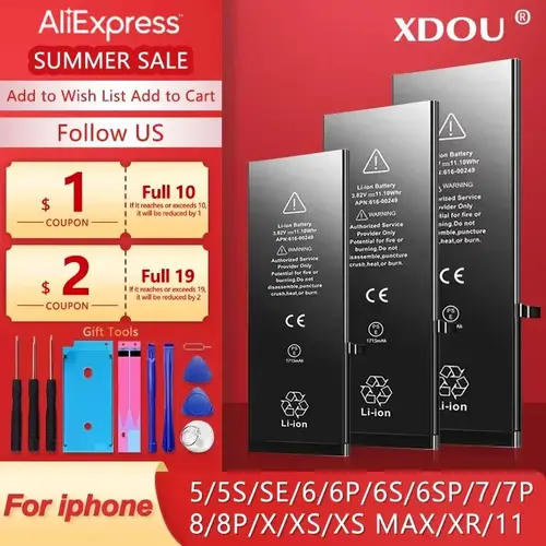 Zero-cycle High-quality Battery For iPhone SE 5 6 6S 5S 7 8 Plus X Xs Max Xr 11 Pro Mobile Phone With Free Tools Sticker - Image 2