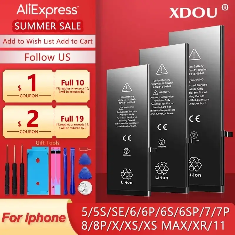 Zero-cycle High-quality Battery For iPhone SE 5 6 6S 5S 7 8 Plus X Xs Max Xr 11 Pro Mobile Phone With Free Tools Sticker - Image 2