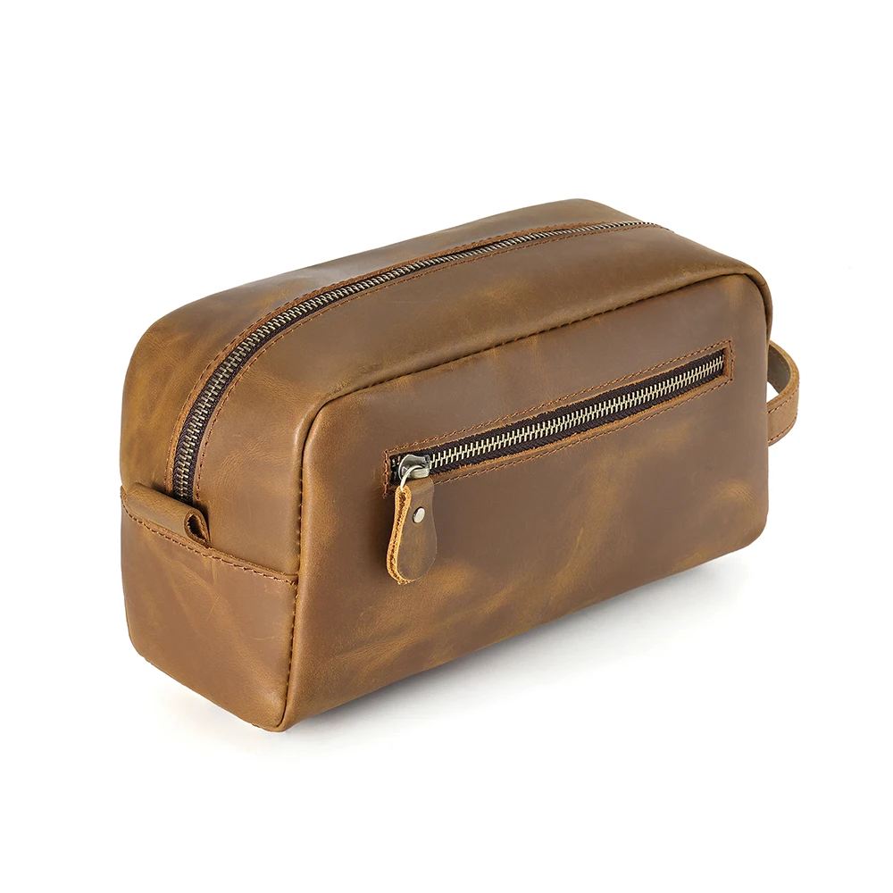 Crazy Horse Men's  Wash Bag Large Capacity Hand Bag Fitness Yoga Wash Bag Genuine Leather Handbag For Men