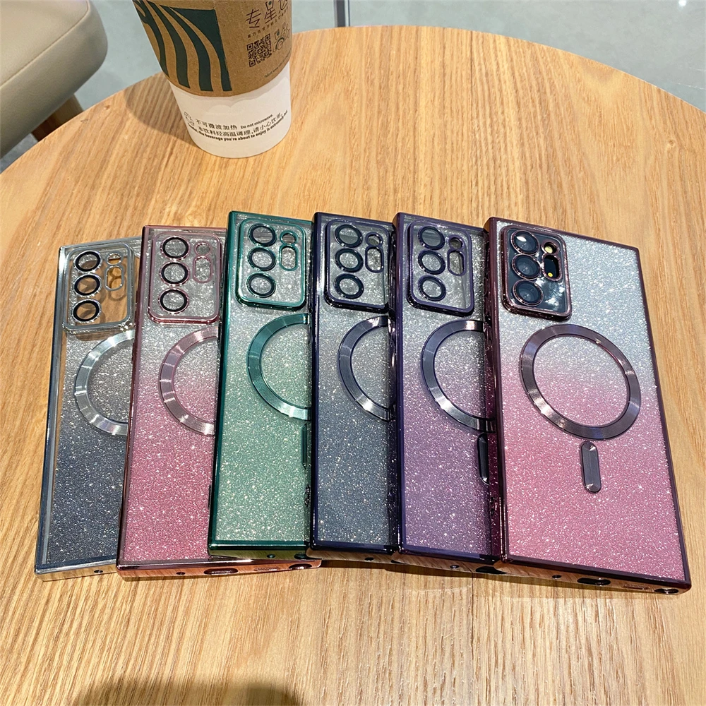 Luxury Gradient Glitter For Magsafe Case For Samsung S23 Ultra S22 Plus S21  FE Magnetic Wireless Charger Plating Soft Cover
