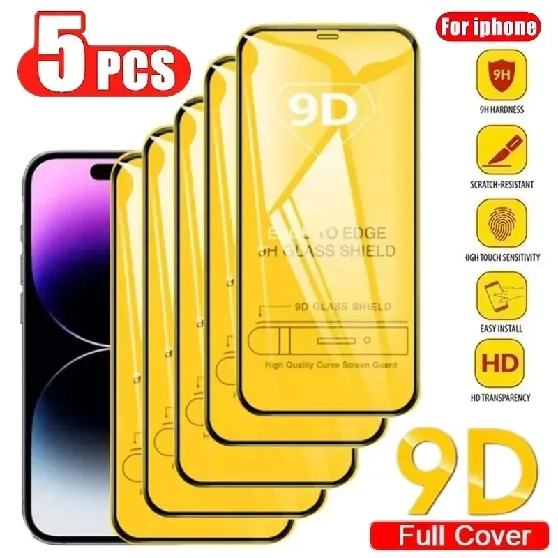 

Закаленное стекло 9D для защиты экрана, Защитное стекло для IPhone 15 14 13 12 11 Pro Max X XR XS Max 7 8 6S 14 Plus, 5 шт.