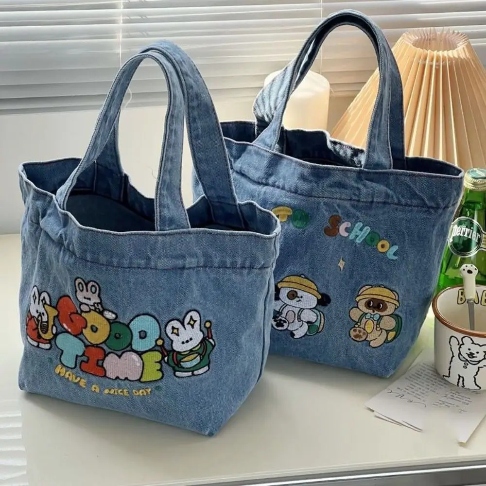 

Промытая джинсовая сумка для ланча, портативная вместительная мультяшная сумка с вышивкой, сумка для хранения еды и пикника, уличная сумка