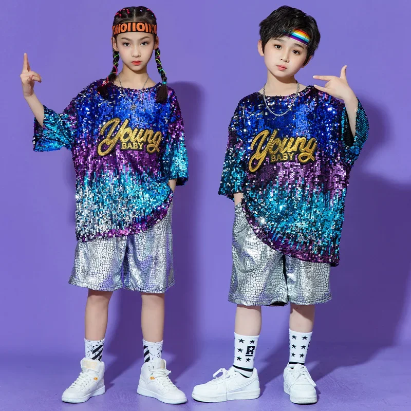 

Kids Hip Hop Jazz Performance Clothes Sets Boys Girls Letter Sequins Short Sleeve T-shirt Top + Shorts Teen Street Dance Costume