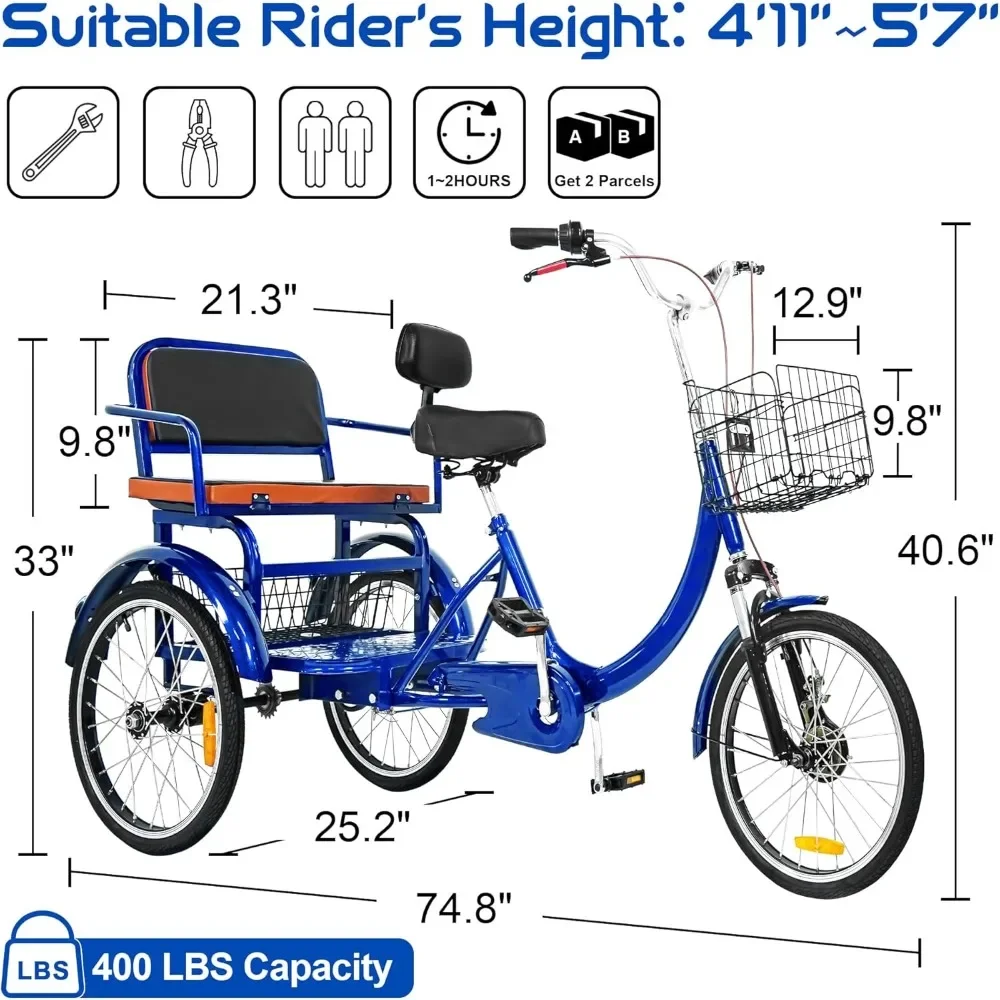 20 Inch 3-Wheel Trike for Adults with Seat and Front and Rear Baskets 2