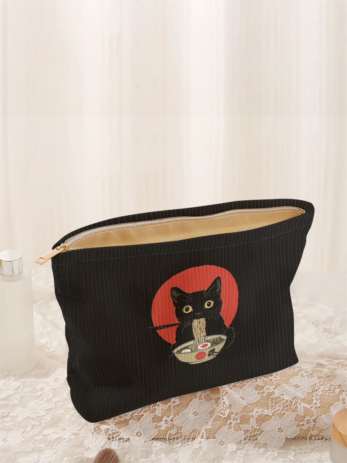 1 black cat pattern printed corduroy makeup bag, lightweight zipper makeup storage box, multifunctional bag with lining