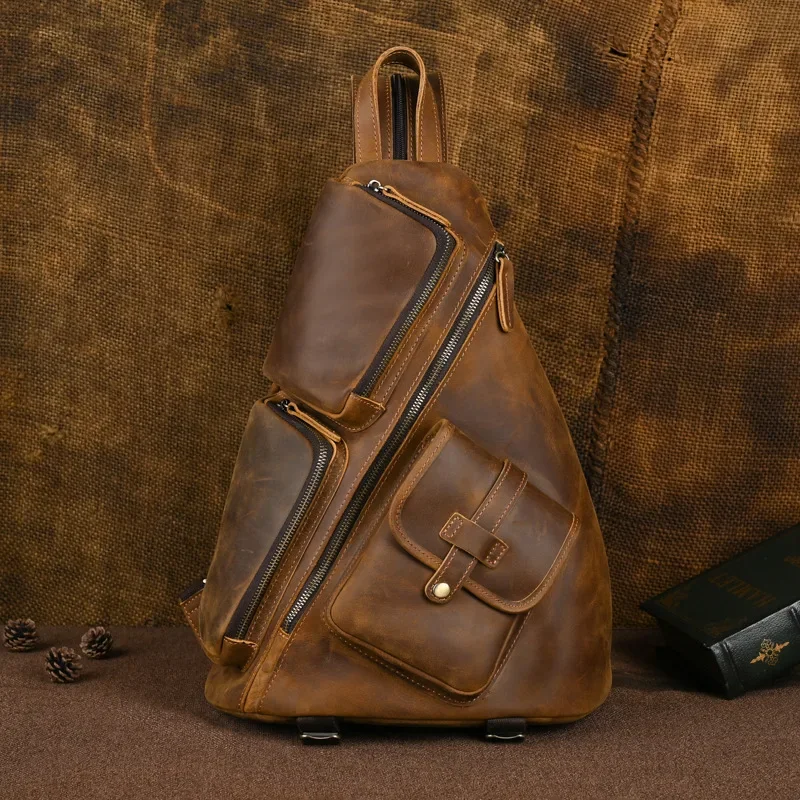Vintage Crazy Horse Genuine Leather Backpack for Men-Large Cowhide Rucksack with Multiple Compartments, Retro Travel Bag
