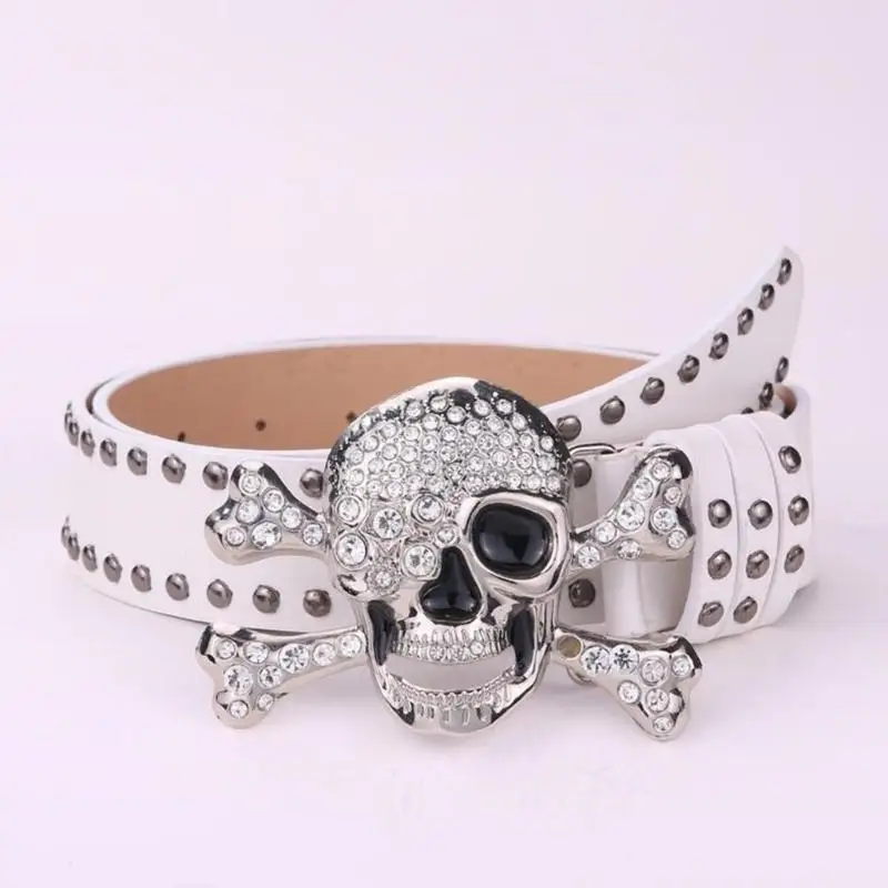 39BD Mädchen-Taillengürtel mit Strasssteinen, Totenkopf-Schnalle, PU-Gürtel für Kleider, Länge anpassen – Detail 10