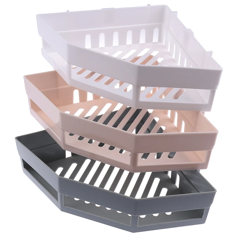 1pcs Wall-mounted No Punching Triangle Shelf Shower Bathroom Corner Toiletries Holder Corner Home Organizer Plastic Storage Rack 5