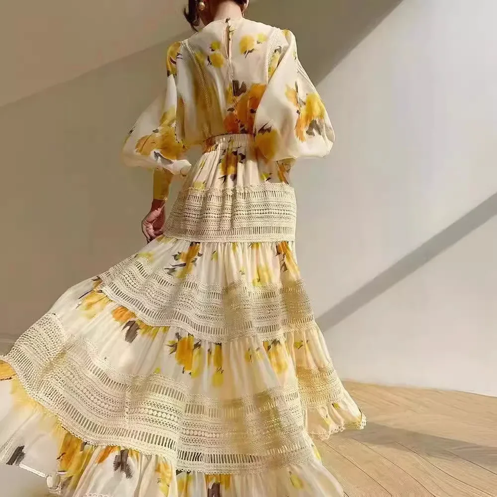 2024 New Printed Round Neck Lantern Sleeve Top+lace Patchwork A-line Large Hem Skirt Set Two Piece Sets  Women's Clothing Dress
