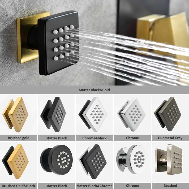 

Black Square Body Rain Shower Spray Jets Bathroom Solid Brass Square Head Sprayer Set Saving Water Massage Jet System