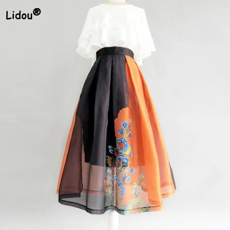 Summer Vintage Printing High Waist Skirt for Women Fashionable Elegant Loose Patchwork Ball Gown Skirts Female Clothing 2023