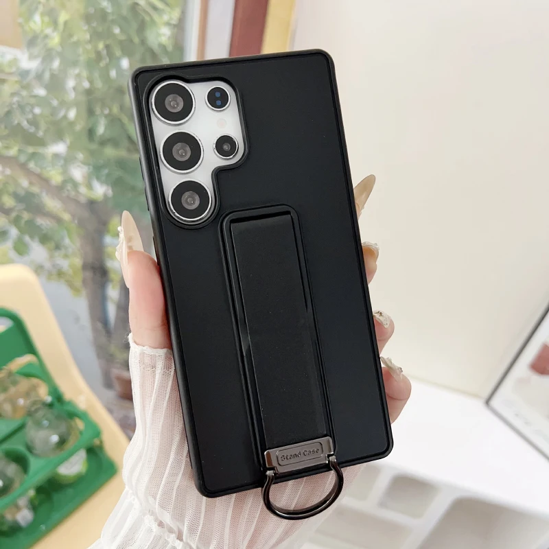 Luxury Solid Color Matte Metal Ring Phone Case with Push-Pull Bracket and Bumper Back Cover
