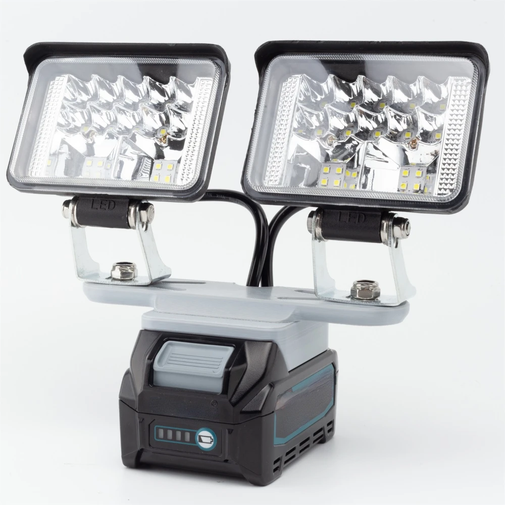 

Double headed LED work lights suitable for camping powered by a 40V lithium-ion battery in the Makita area